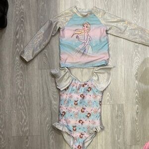 Disney Frozen Kids One Piece Swimsuit with Rashguard - Blue and White
